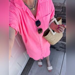 Universal Thread Hot Pink Button Down T-Shirt Dress With Front Pockets Size Xs